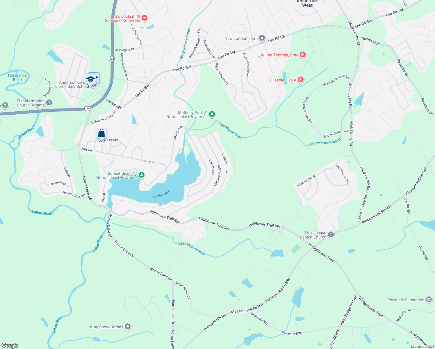 map of restaurants, bars, coffee shops, grocery stores, and more near 4349 Marjorie Road Southwest in Snellville