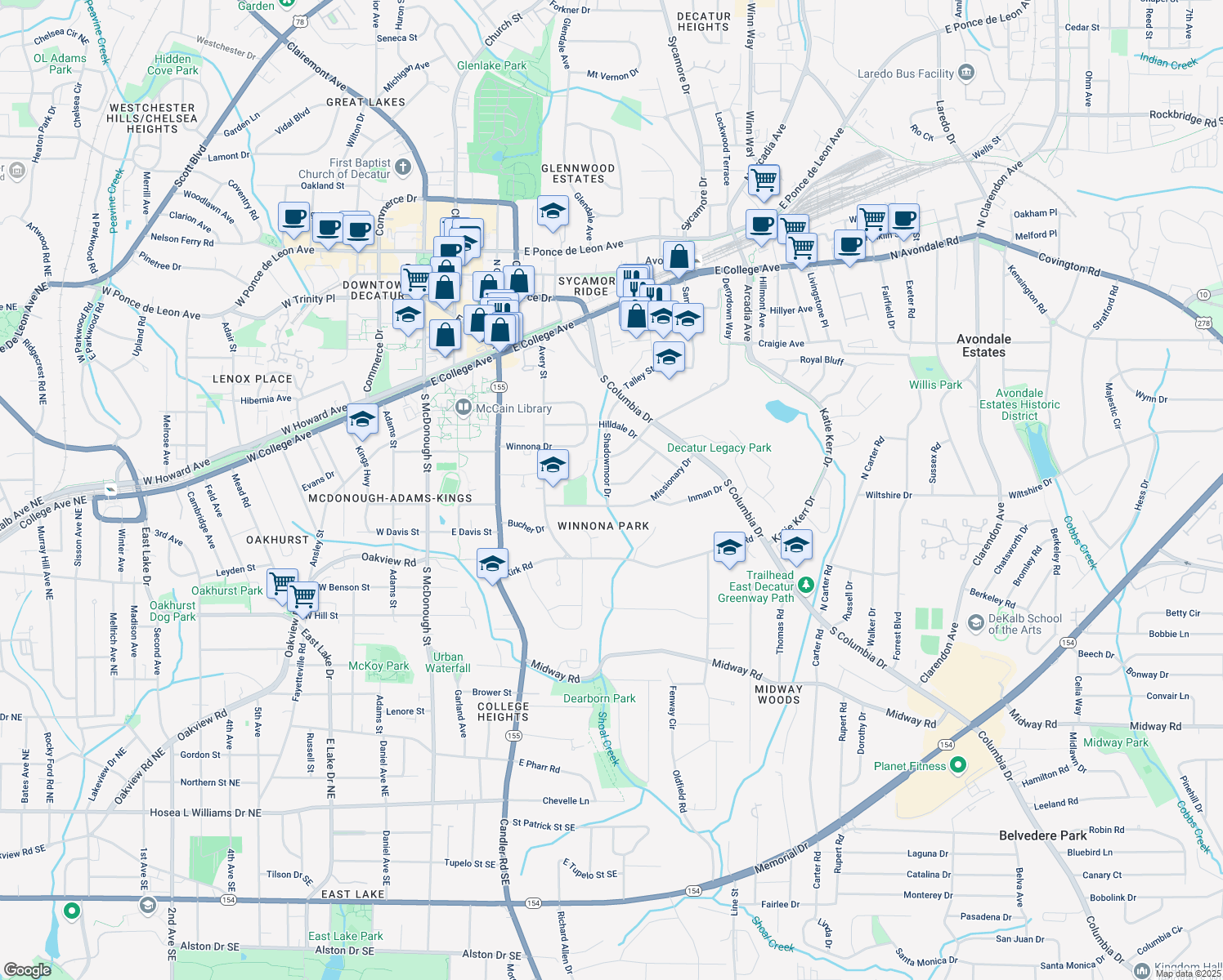 map of restaurants, bars, coffee shops, grocery stores, and more near 332 Shadowmoor Dr in Decatur