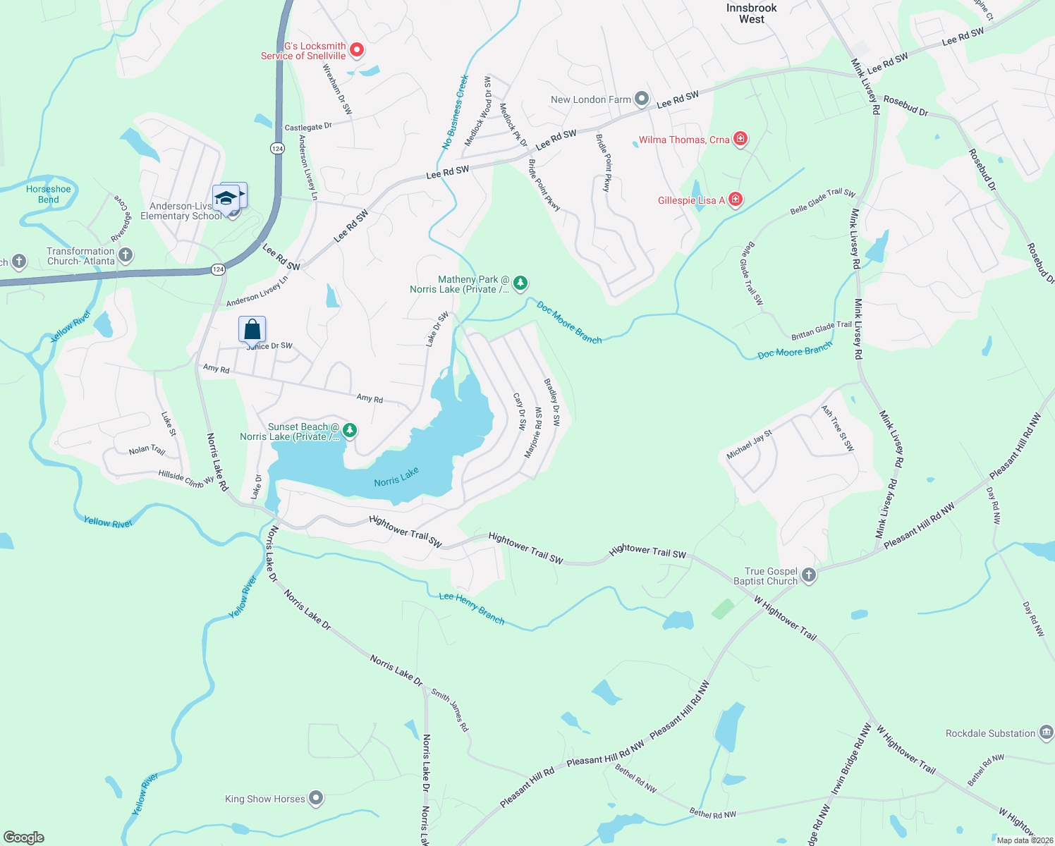 map of restaurants, bars, coffee shops, grocery stores, and more near 4349 Marjorie Road Southwest in Snellville