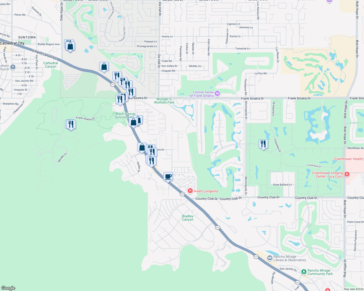 map of restaurants, bars, coffee shops, grocery stores, and more near 38800 Kelly Lane in Rancho Mirage