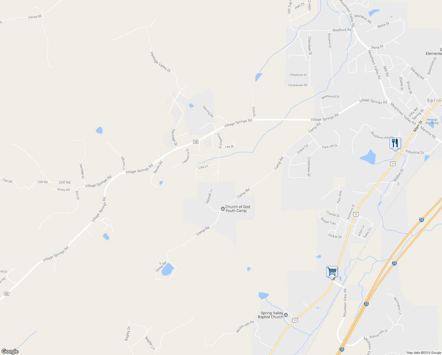 map of restaurants, bars, coffee shops, grocery stores, and more near 301 Crawford Drive in Springville