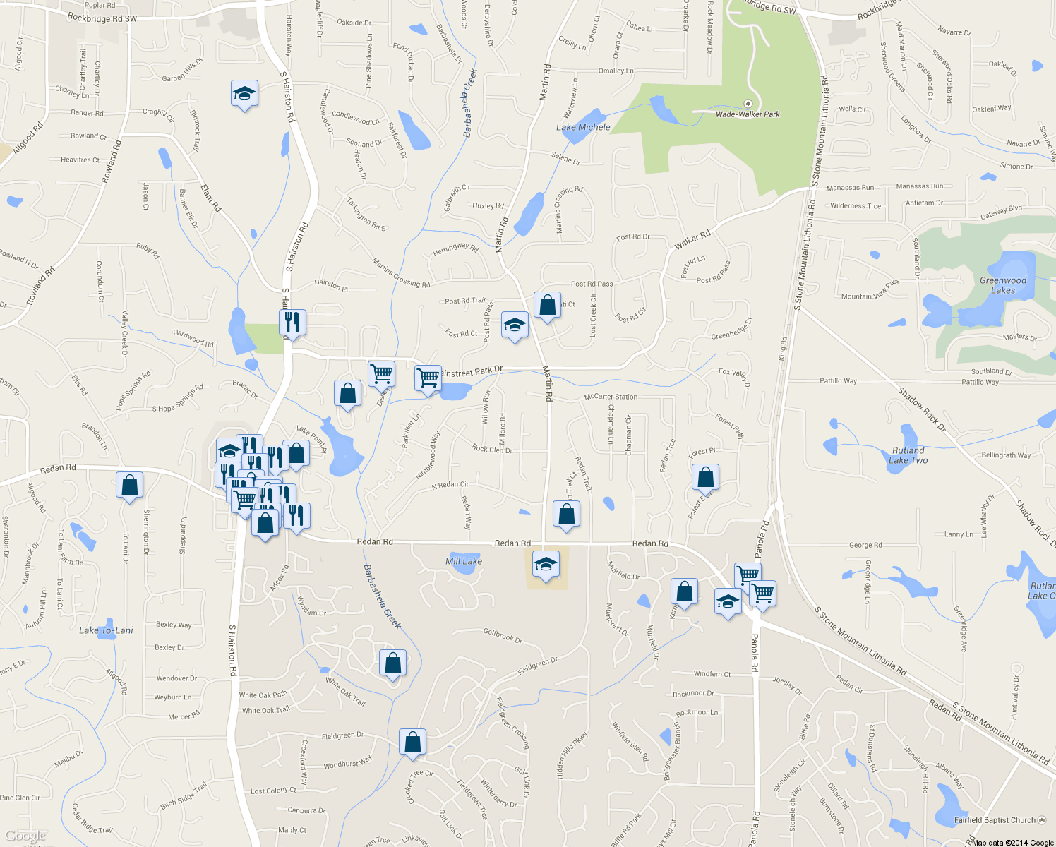 map of restaurants, bars, coffee shops, grocery stores, and more near 989 N Millard Way in Stone Mountain