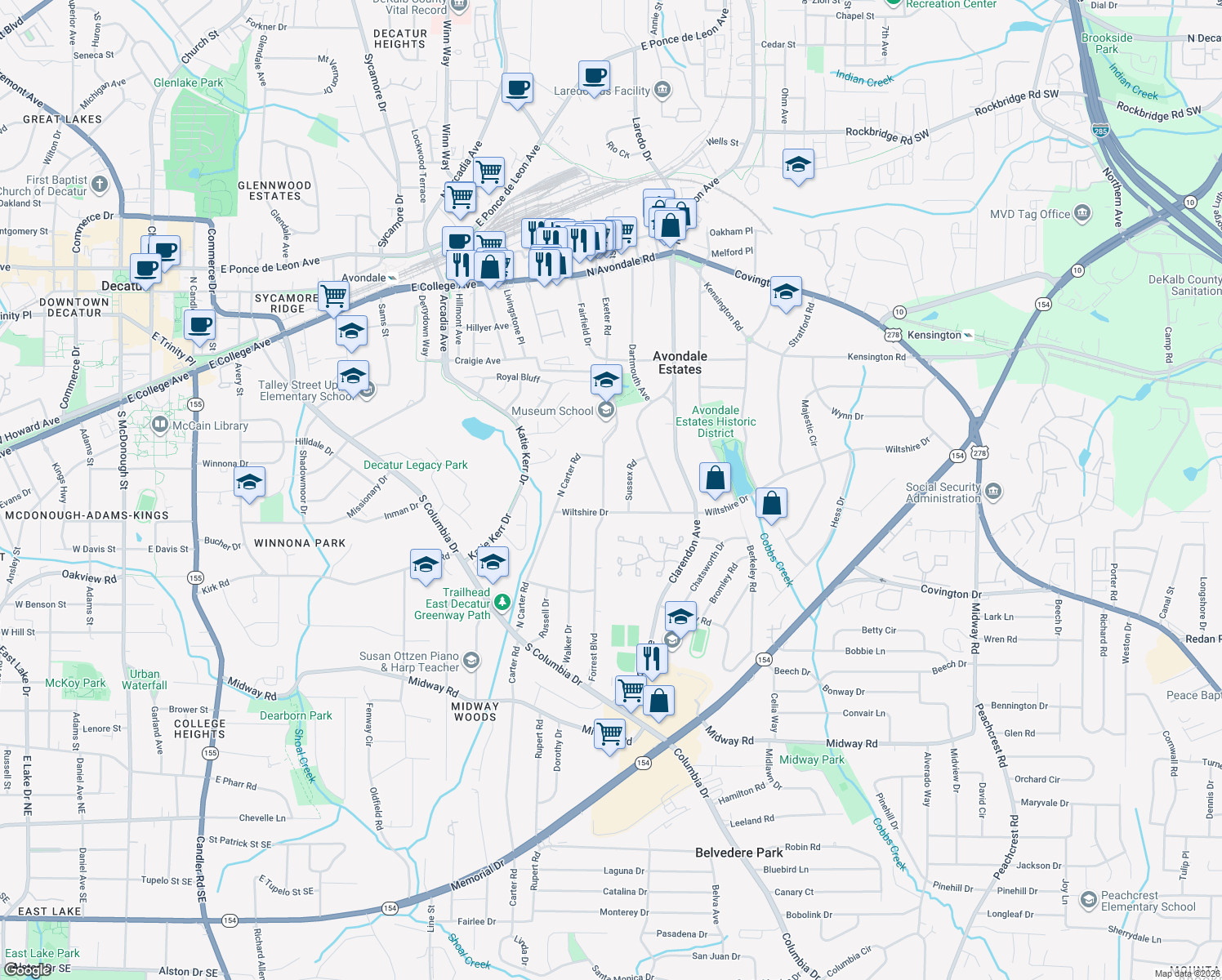 map of restaurants, bars, coffee shops, grocery stores, and more near 1008 Forrest Blvd in Decatur