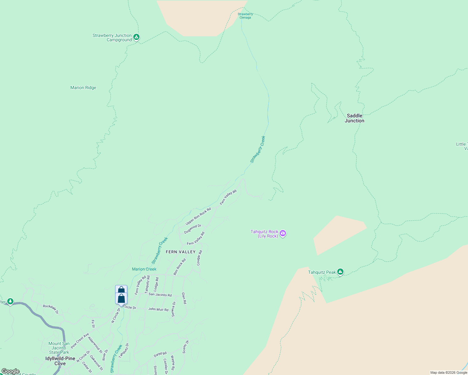 map of restaurants, bars, coffee shops, grocery stores, and more near 24565 Fern Valley Road in Idyllwild-Pine Cove