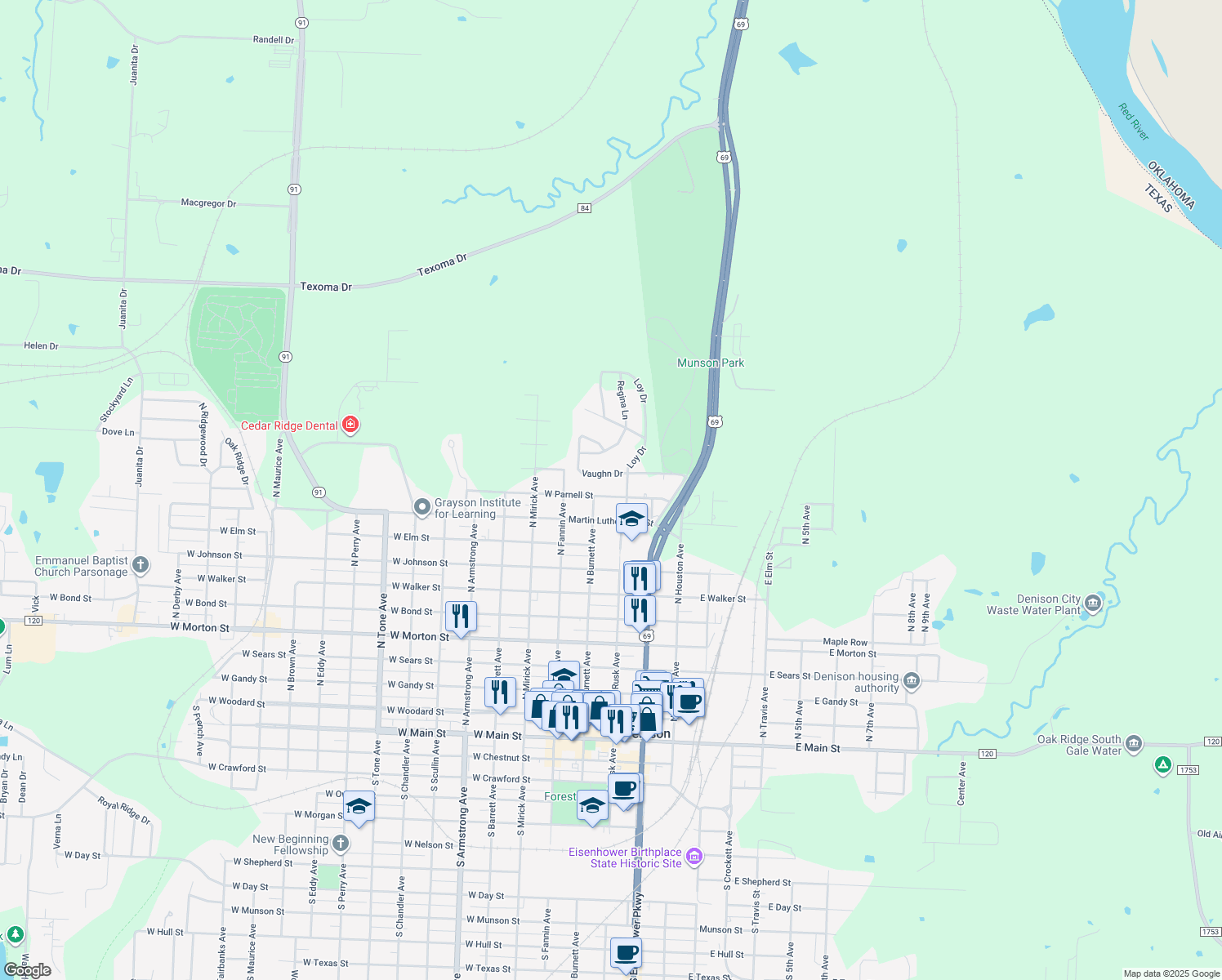 map of restaurants, bars, coffee shops, grocery stores, and more near 35 W Parnell St in Denison