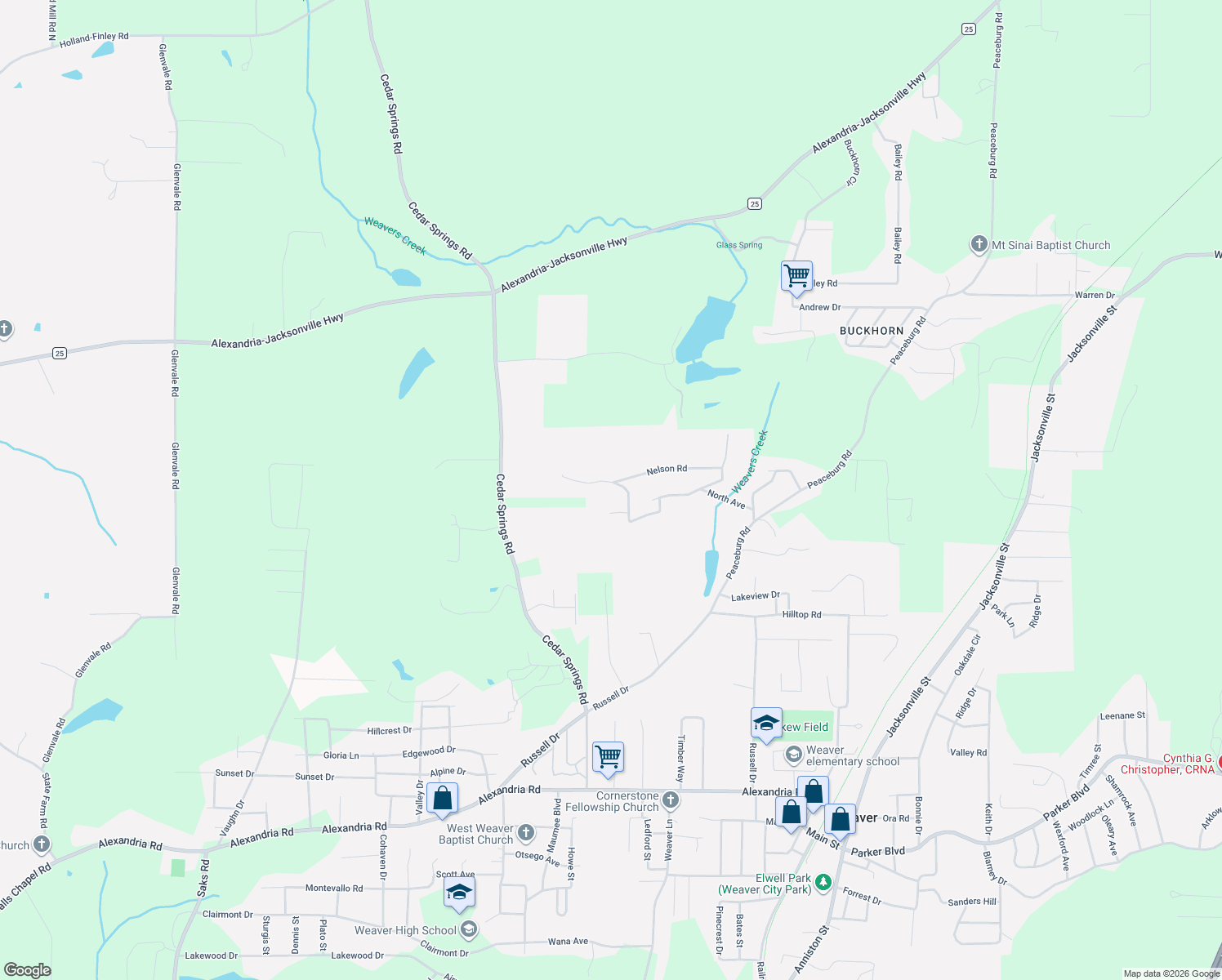 map of restaurants, bars, coffee shops, grocery stores, and more near 1659 Clara Lane in Weaver