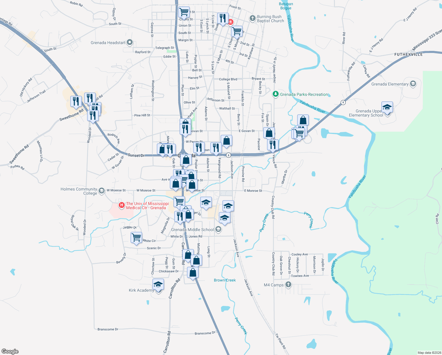 map of restaurants, bars, coffee shops, grocery stores, and more near 1662 Fairground Road in Grenada