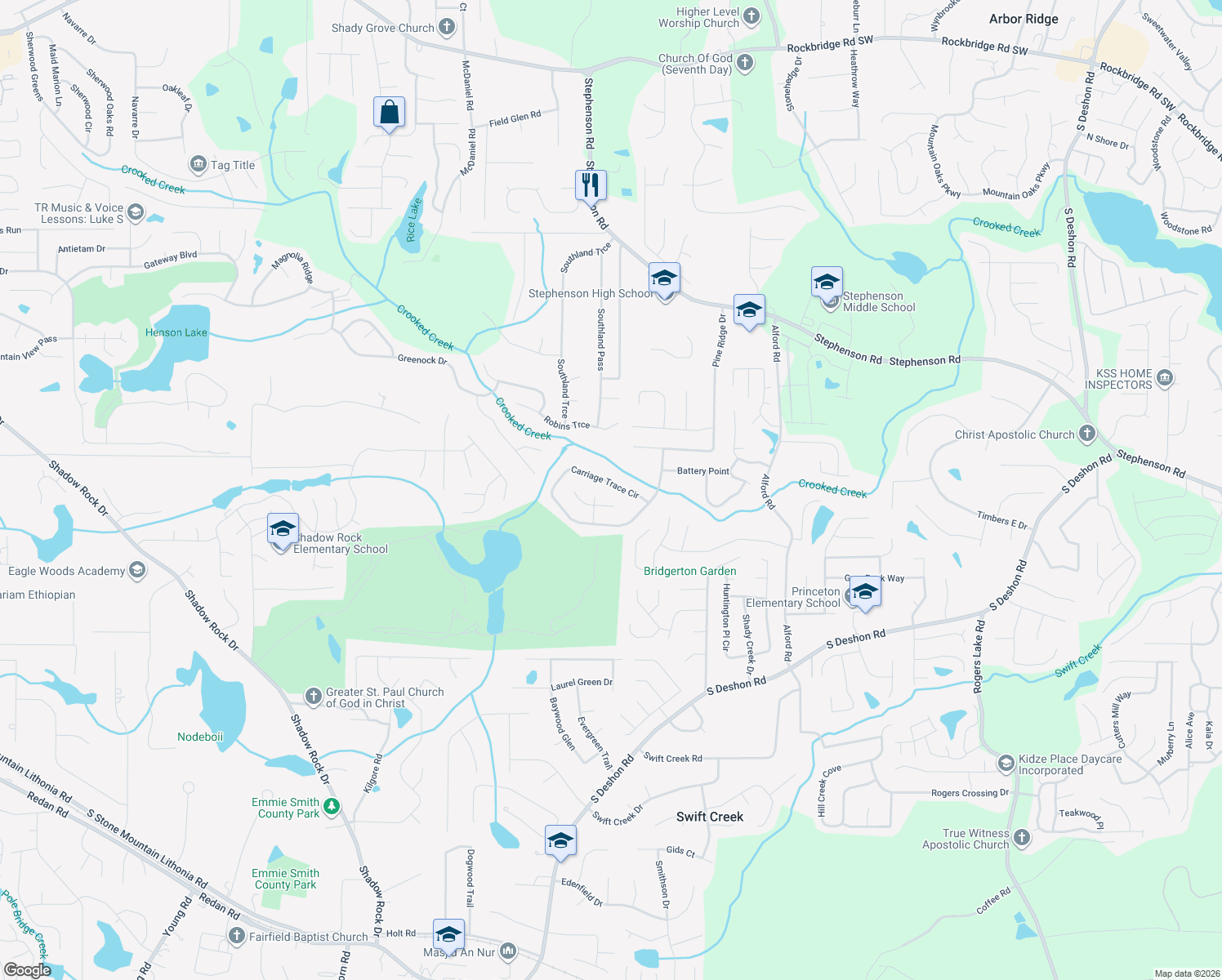 map of restaurants, bars, coffee shops, grocery stores, and more near 1251 Carriage Trace Cir in Stone Mountain