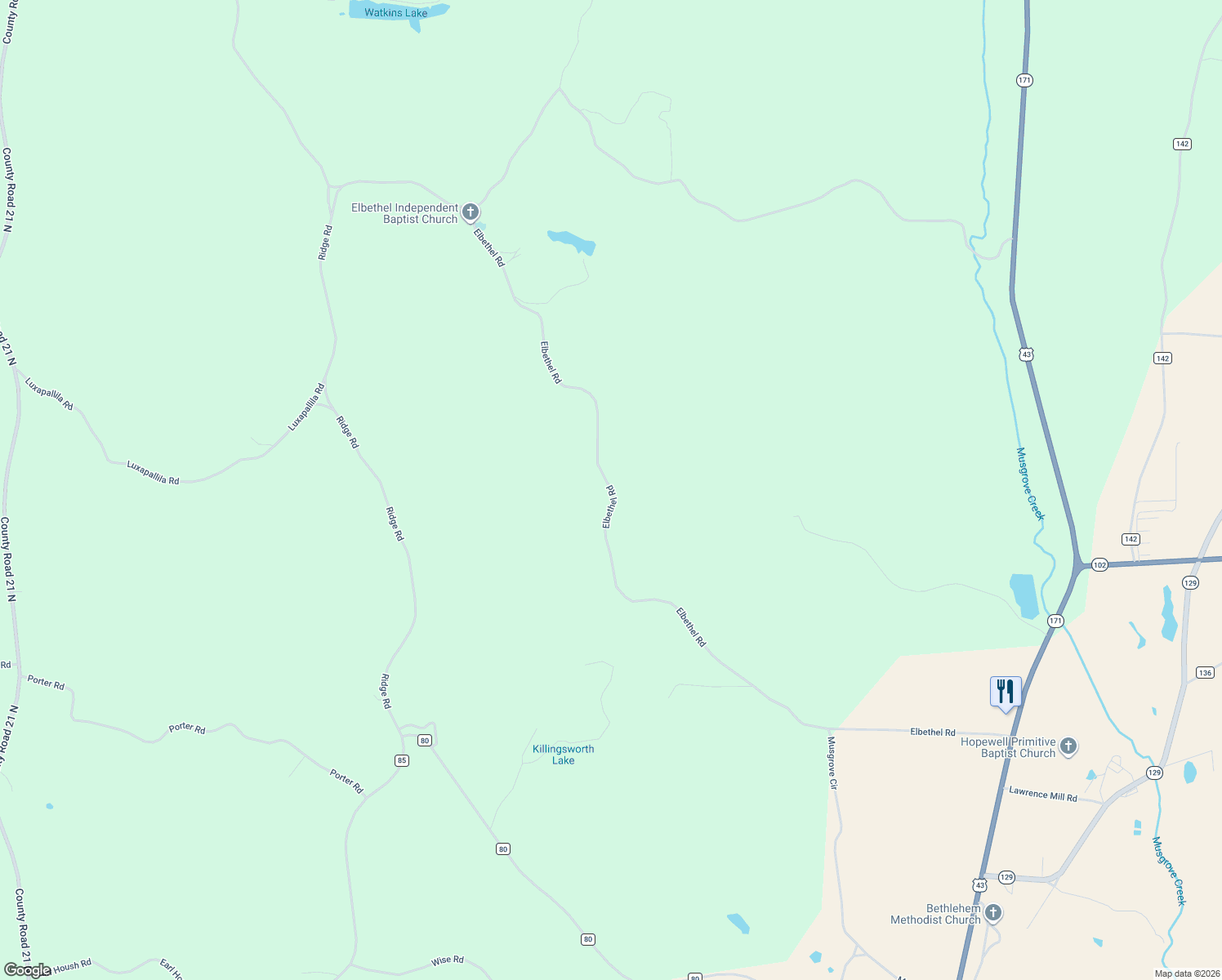 map of restaurants, bars, coffee shops, grocery stores, and more near Elbethel Road in Fayette County