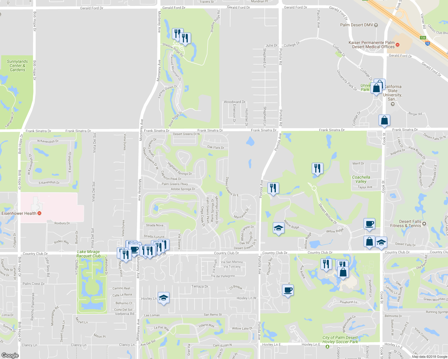 map of restaurants, bars, coffee shops, grocery stores, and more near 38828 Chaparrosa Way in Palm Desert