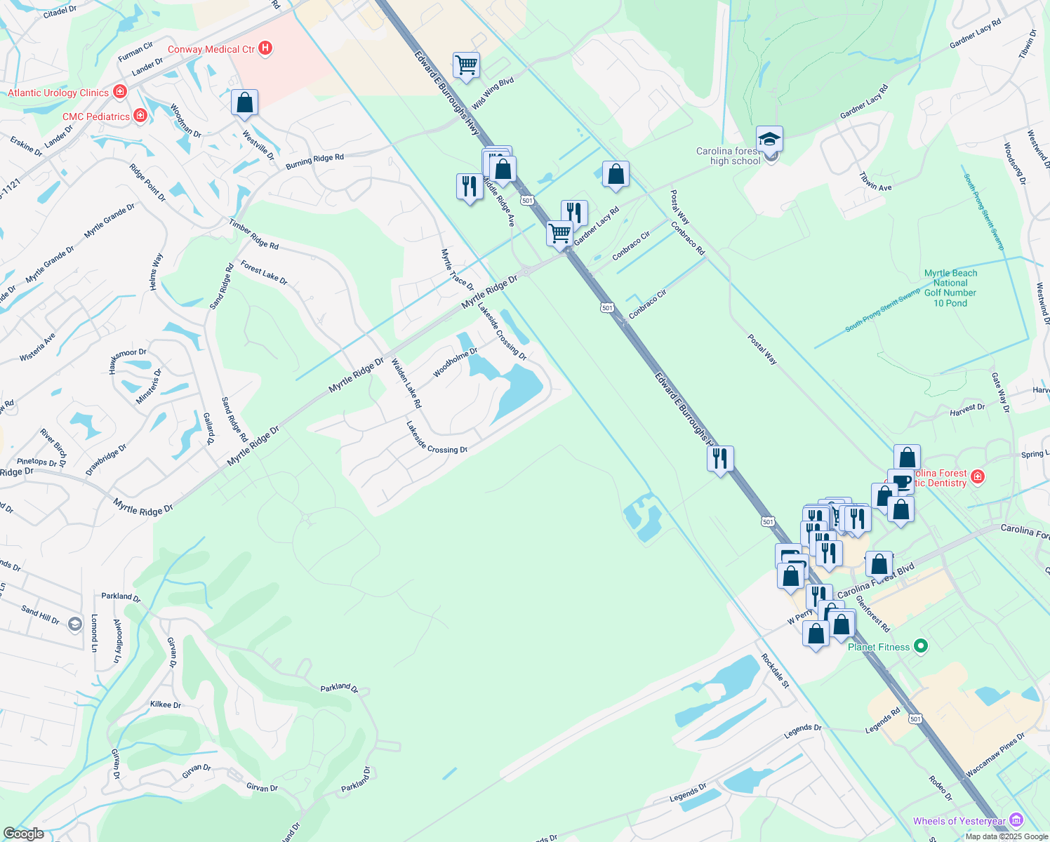 map of restaurants, bars, coffee shops, grocery stores, and more near 267 Lakeside Crossing Drive in Conway