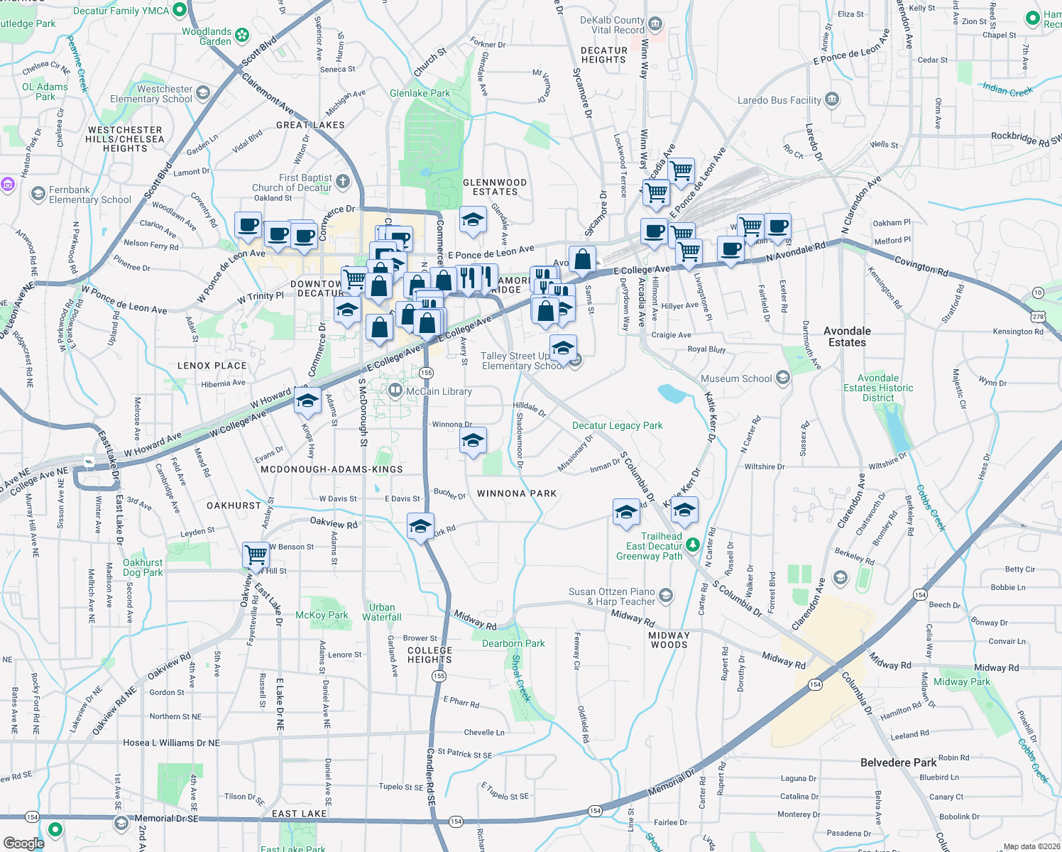 map of restaurants, bars, coffee shops, grocery stores, and more near 218 Derrydown Way in Decatur