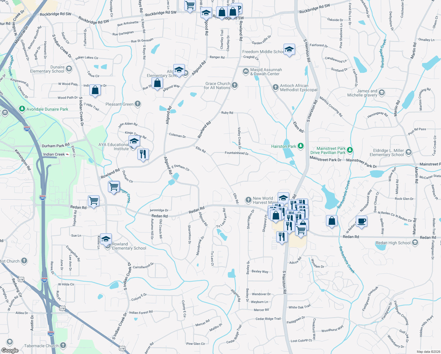 map of restaurants, bars, coffee shops, grocery stores, and more near 941 Ellis Road in Stone Mountain