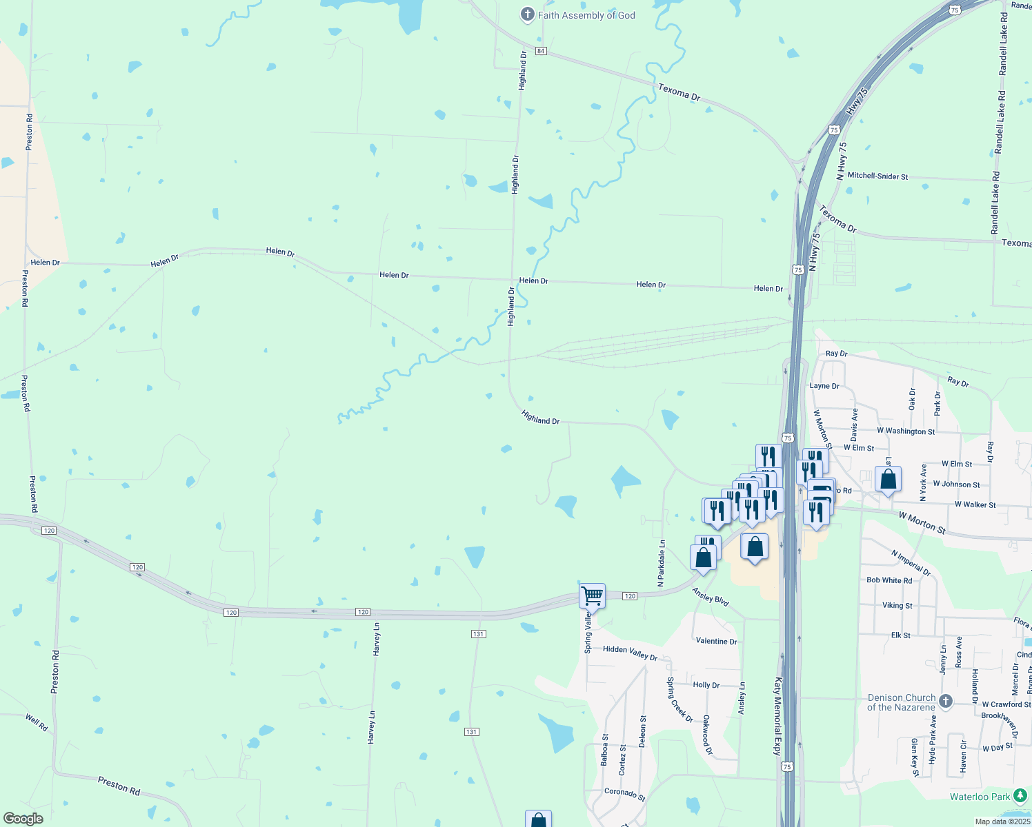map of restaurants, bars, coffee shops, grocery stores, and more near 4397 Highland Drive in Denison