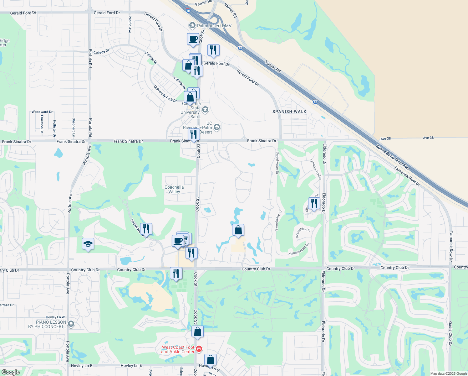 map of restaurants, bars, coffee shops, grocery stores, and more near 259 Vista Royale Cir W in Palm Desert