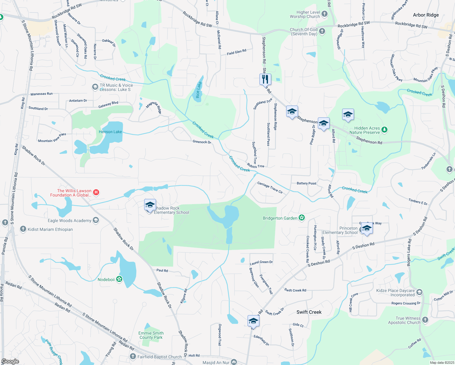 map of restaurants, bars, coffee shops, grocery stores, and more near 6273 Lake Valley Point in Lithonia