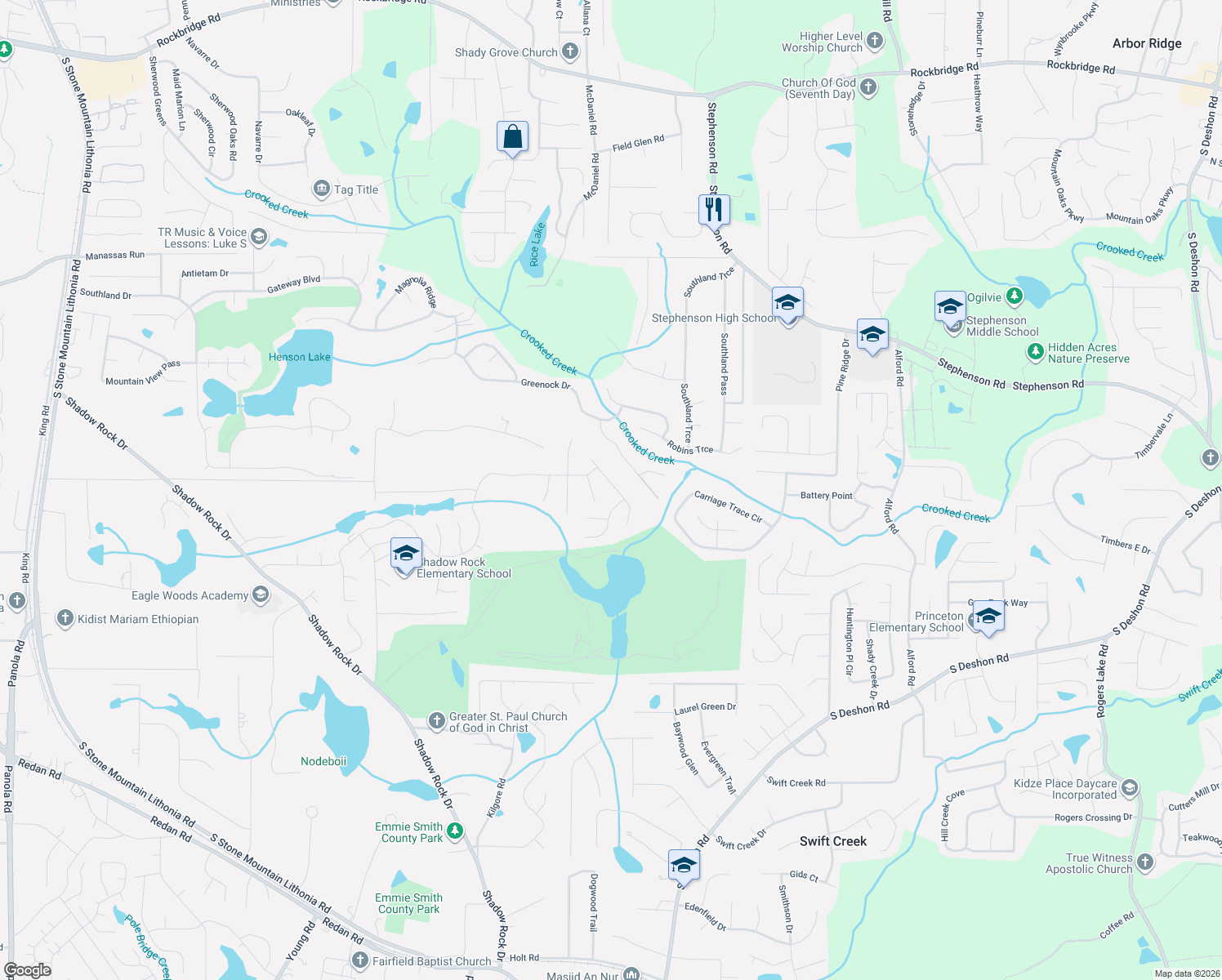 map of restaurants, bars, coffee shops, grocery stores, and more near 6264 Lake Valley Point in Lithonia