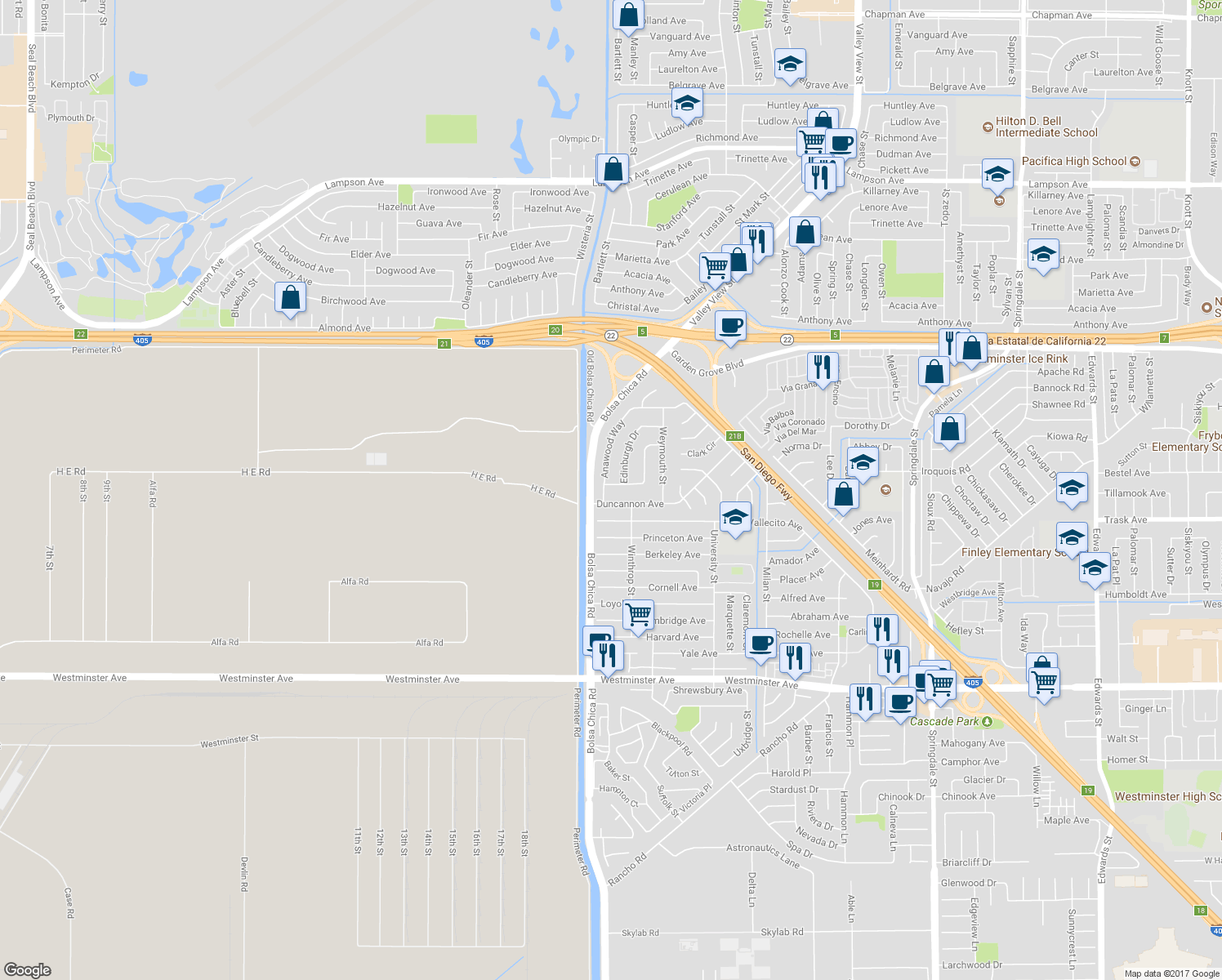 map of restaurants, bars, coffee shops, grocery stores, and more near 5042 Cumberland Avenue in Westminster
