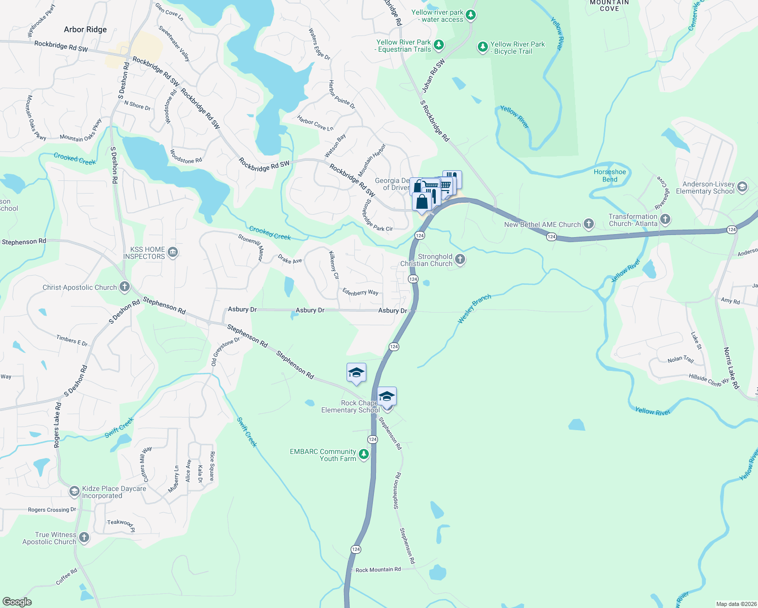 map of restaurants, bars, coffee shops, grocery stores, and more near 7534 Clear Creek Approach in Lithonia