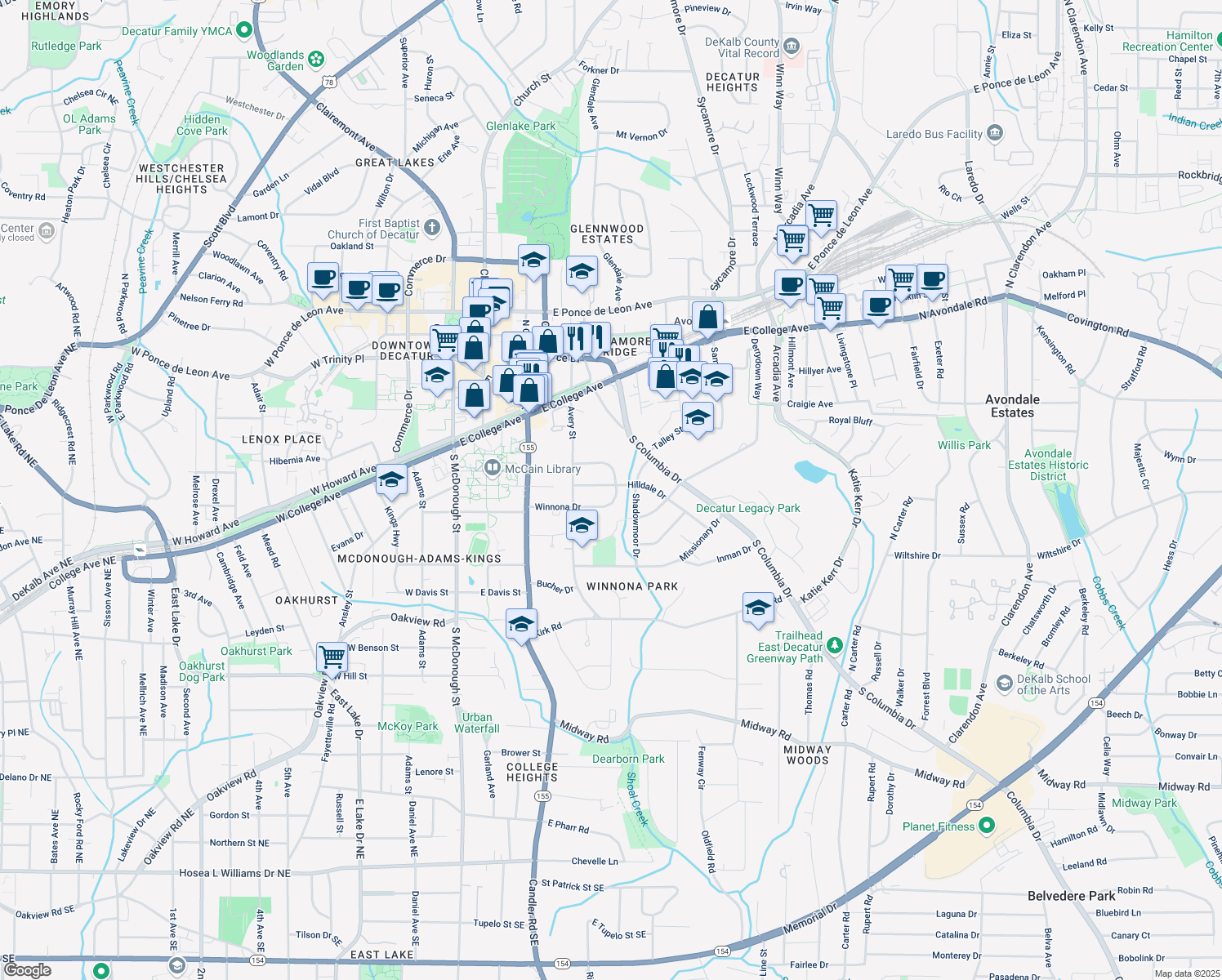 map of restaurants, bars, coffee shops, grocery stores, and more near 266 Winnona Dr in Decatur