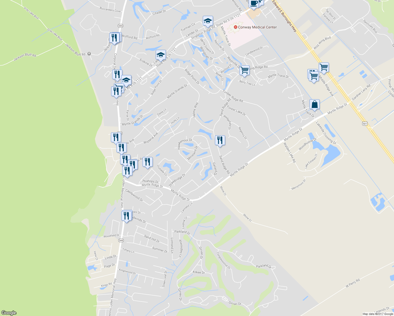 map of restaurants, bars, coffee shops, grocery stores, and more near 761 Drawbridge Drive in Conway