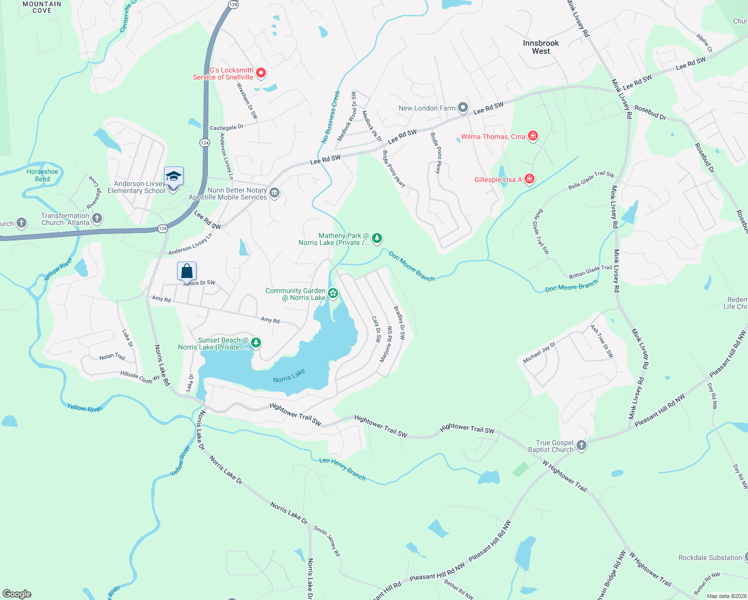 map of restaurants, bars, coffee shops, grocery stores, and more near 4241 Marjorie Road Southwest in Snellville