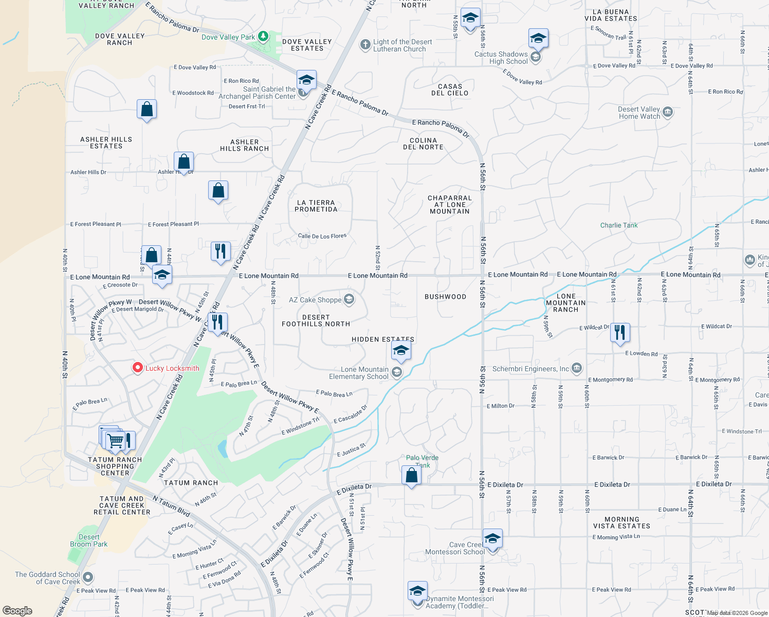 map of restaurants, bars, coffee shops, grocery stores, and more near 31112 E Ranch Rd in Cave Creek