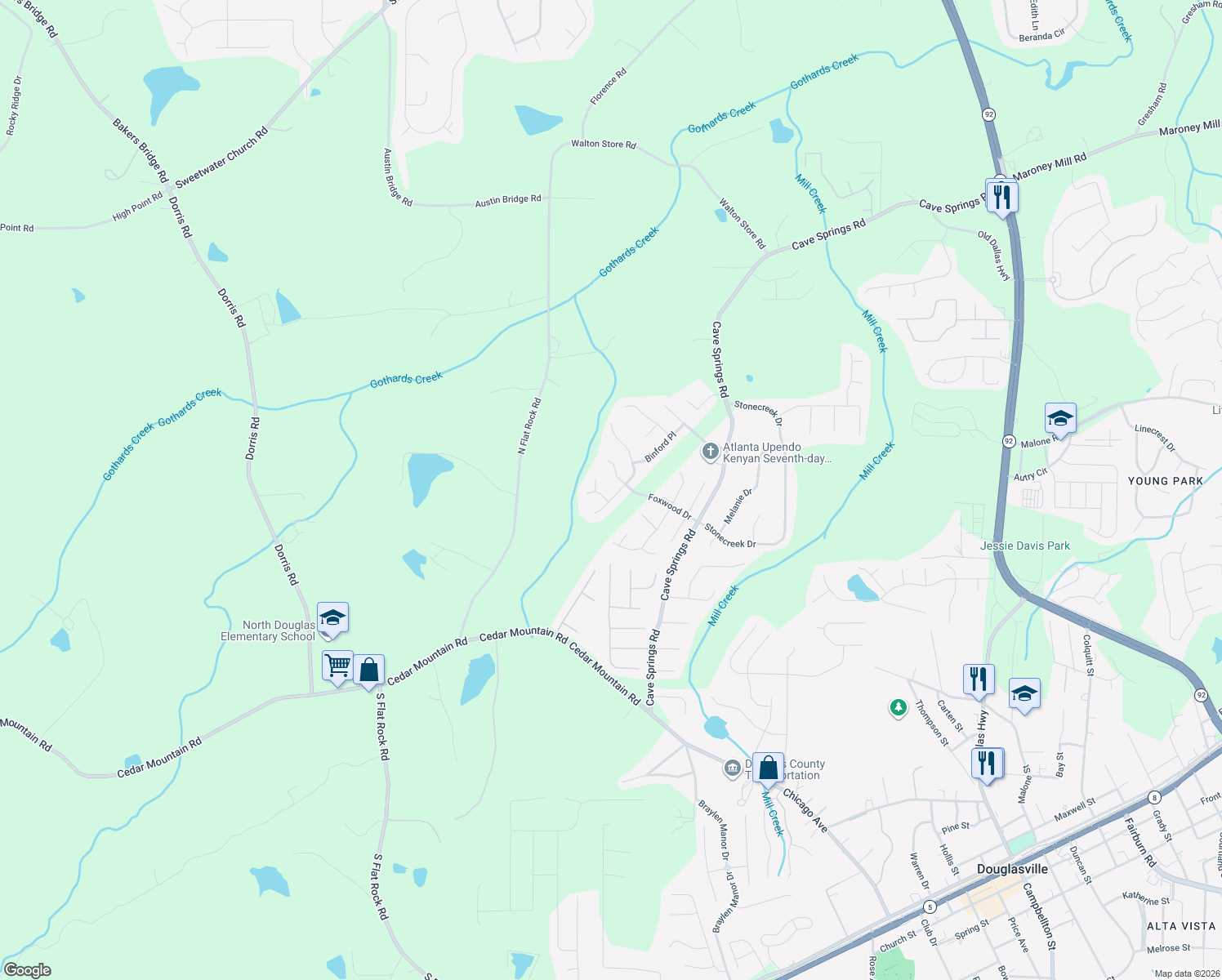 map of restaurants, bars, coffee shops, grocery stores, and more near 1411 Waterton Trail in Douglasville