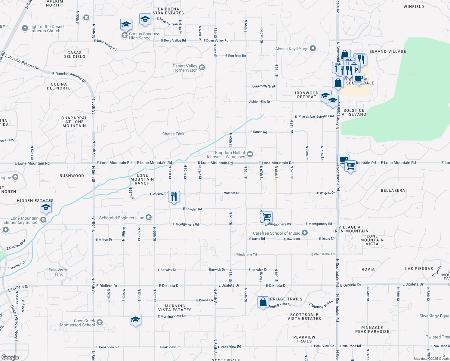map of restaurants, bars, coffee shops, grocery stores, and more near 6459 East Rancho Del Oro Drive in Cave Creek