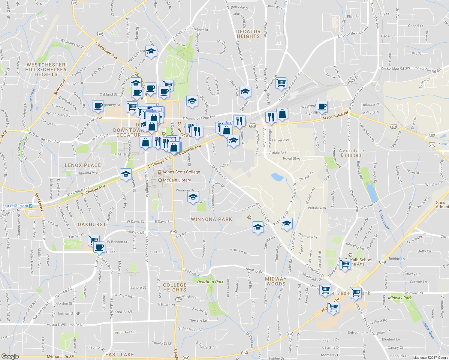 map of restaurants, bars, coffee shops, grocery stores, and more near 331 South Columbia Drive in Decatur