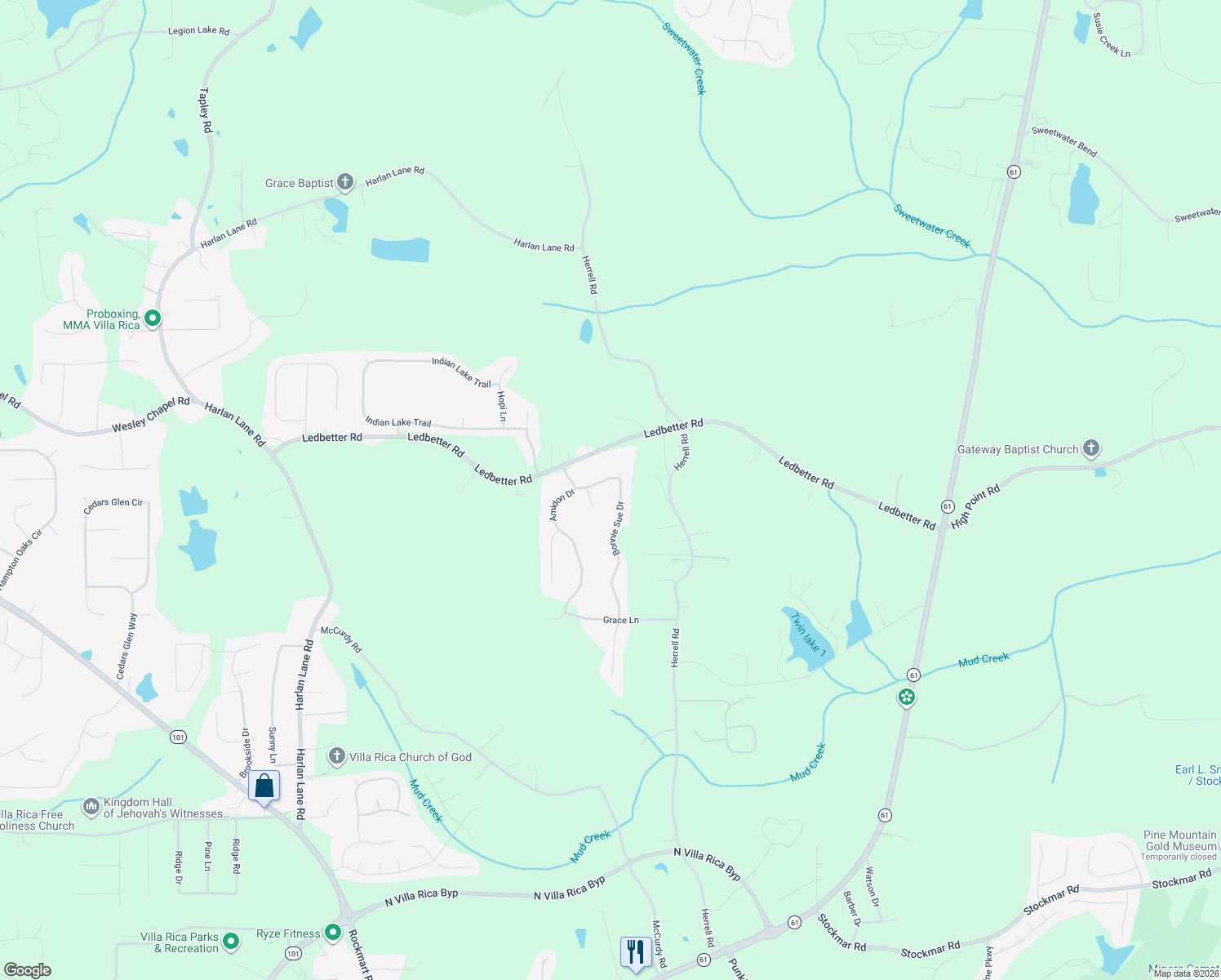 map of restaurants, bars, coffee shops, grocery stores, and more near 217 Bonnie Sue Drive in Villa Rica