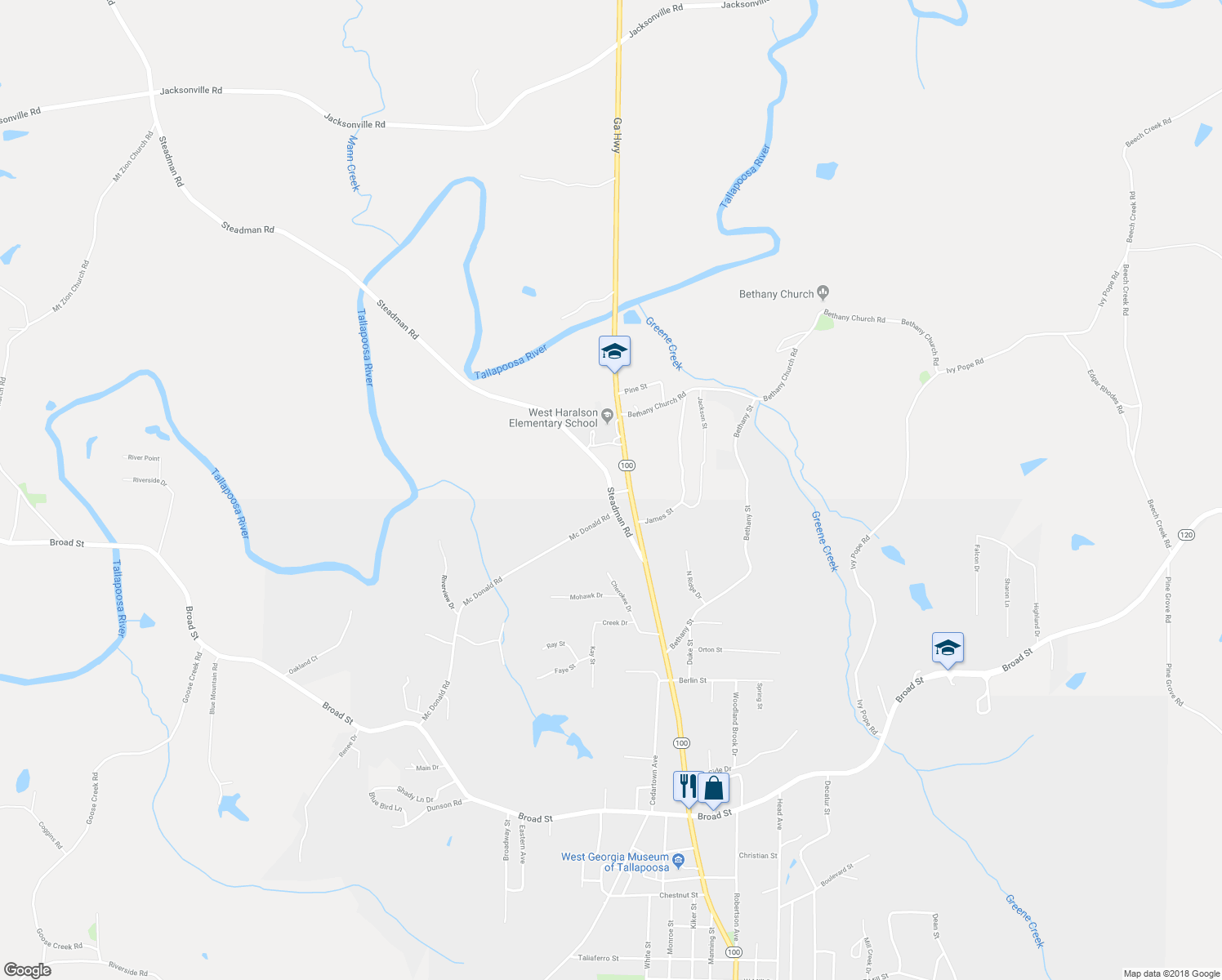 map of restaurants, bars, coffee shops, grocery stores, and more near 154 Steadman Road in Tallapoosa
