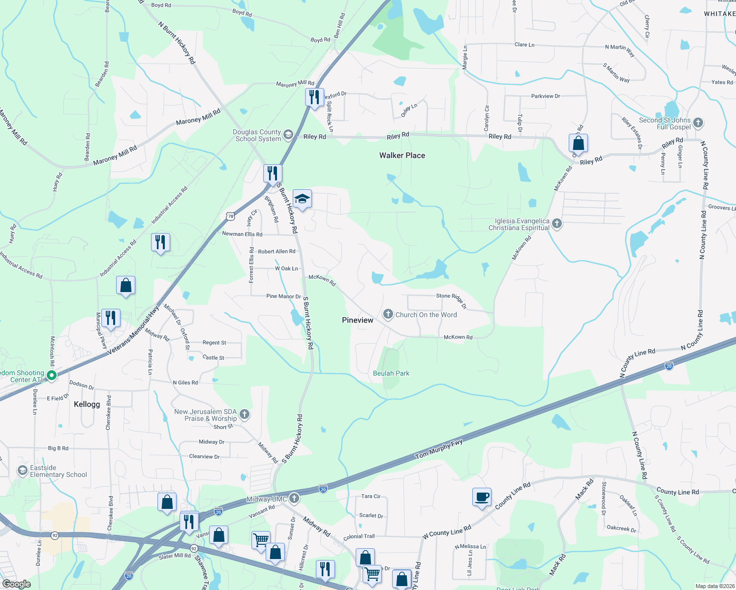 map of restaurants, bars, coffee shops, grocery stores, and more near 1340 Windsor Glen Drive in Douglasville