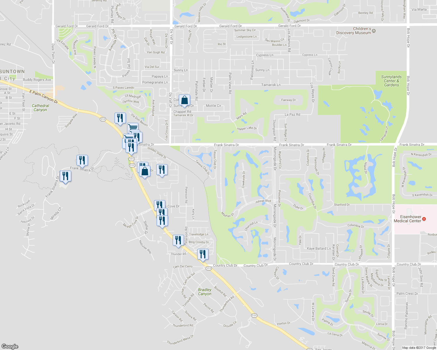 map of restaurants, bars, coffee shops, grocery stores, and more near 56 Mayfair Drive in Rancho Mirage