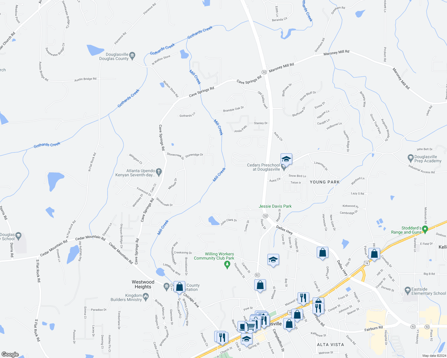 map of restaurants, bars, coffee shops, grocery stores, and more near 7614 Stonebush Way in Douglasville