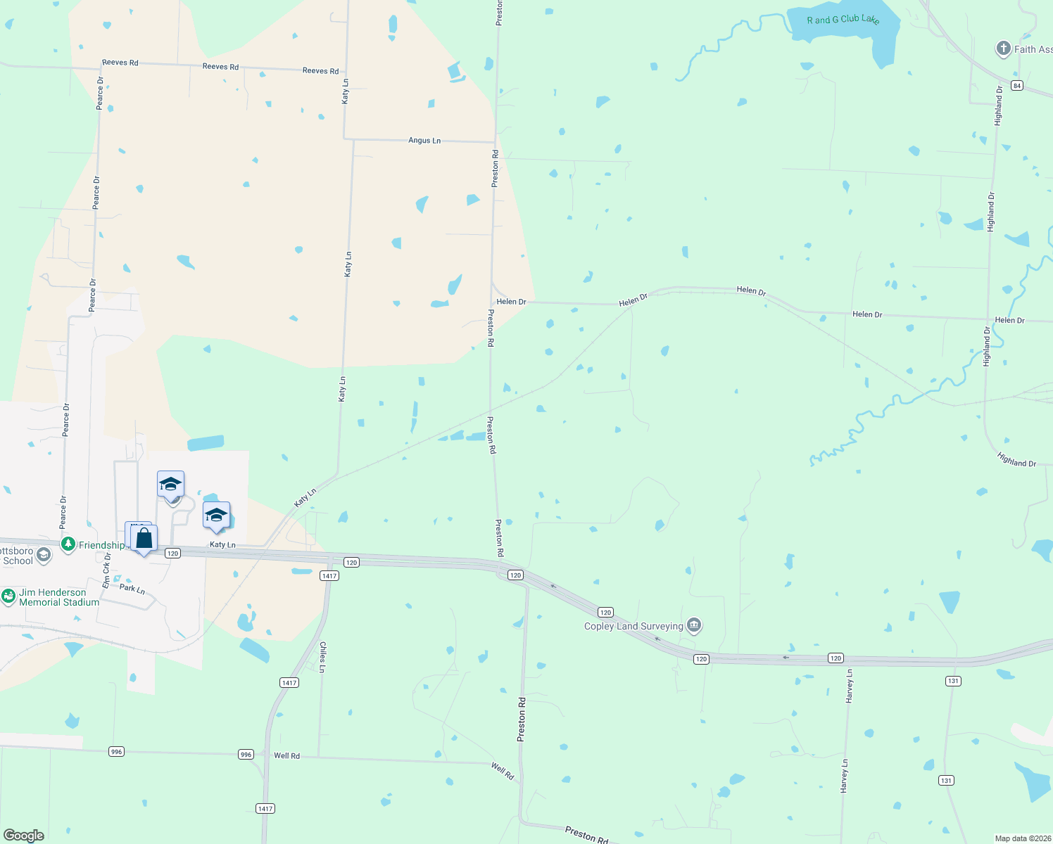map of restaurants, bars, coffee shops, grocery stores, and more near 5442 Preston Road in Denison