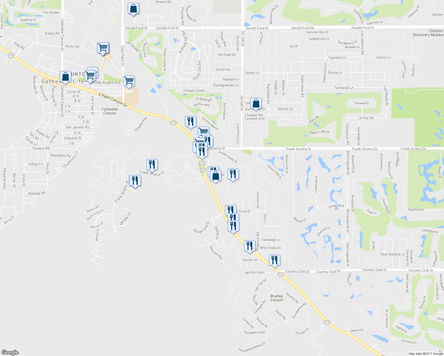 map of restaurants, bars, coffee shops, grocery stores, and more near Braemar Drive in Rancho Mirage