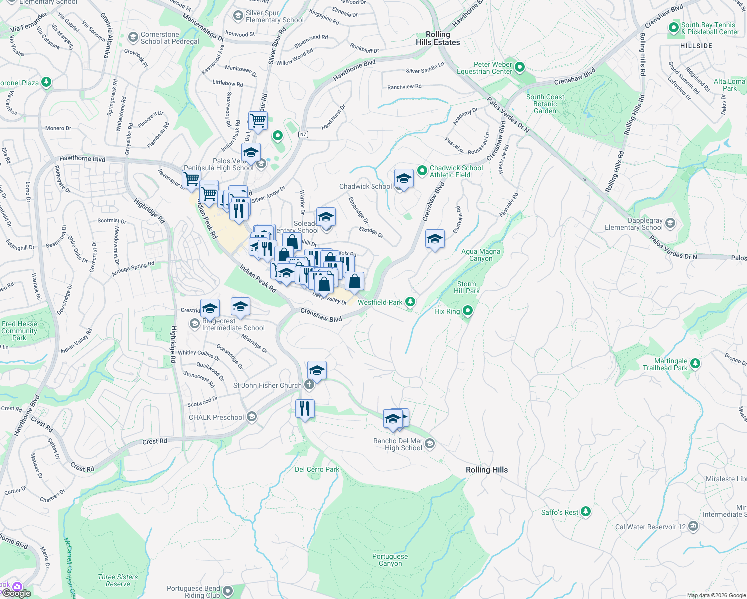 map of restaurants, bars, coffee shops, grocery stores, and more near 27951 Crenshaw Boulevard in Palos Verdes Peninsula