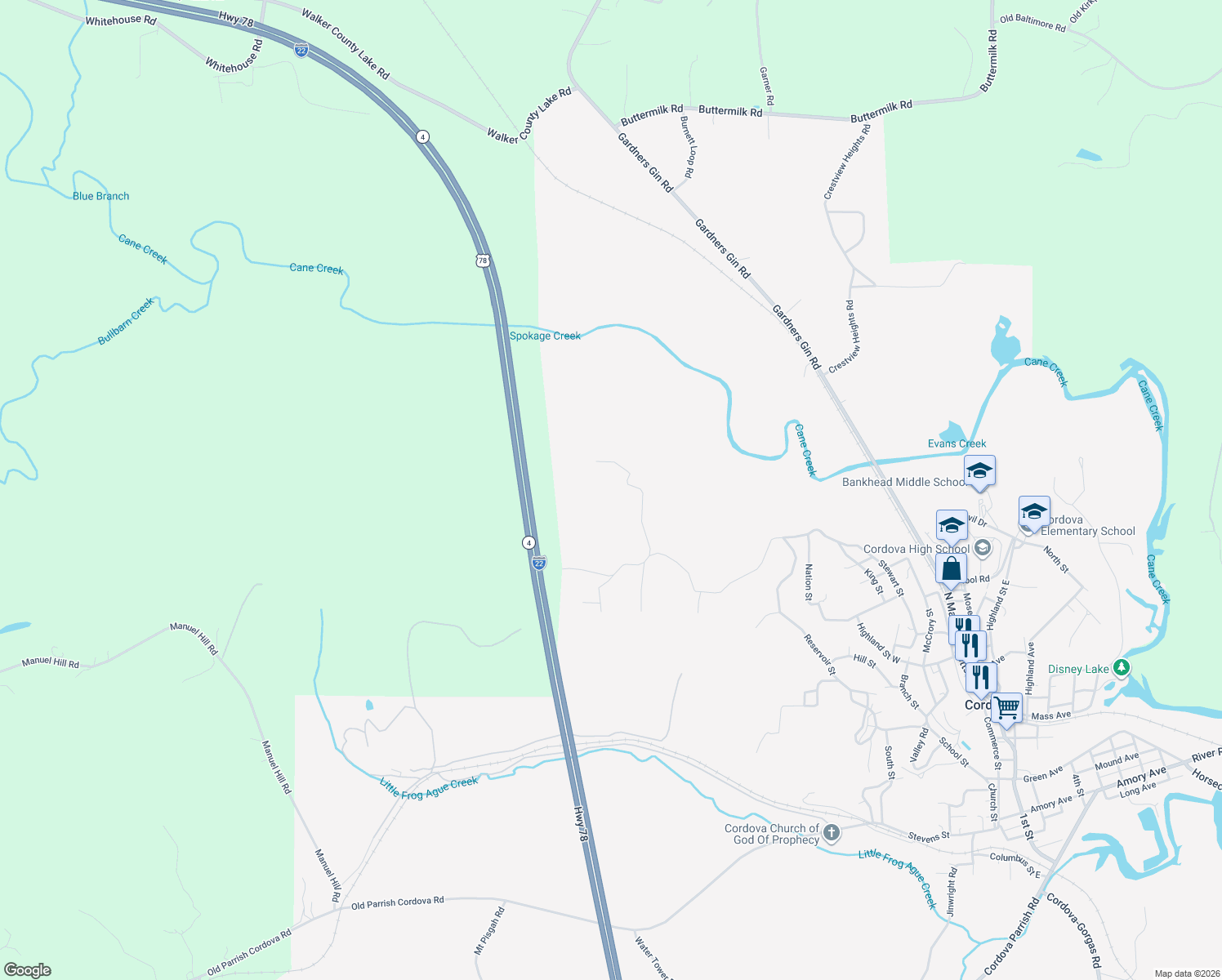 map of restaurants, bars, coffee shops, grocery stores, and more near 259 Hilltop Road in Cordova