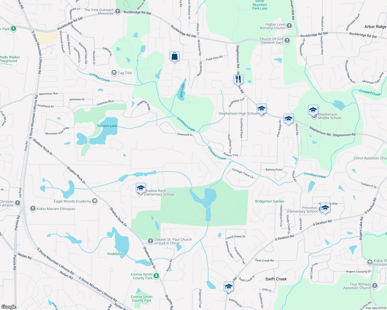 map of restaurants, bars, coffee shops, grocery stores, and more near 534 Shadow Valley Court in Lithonia