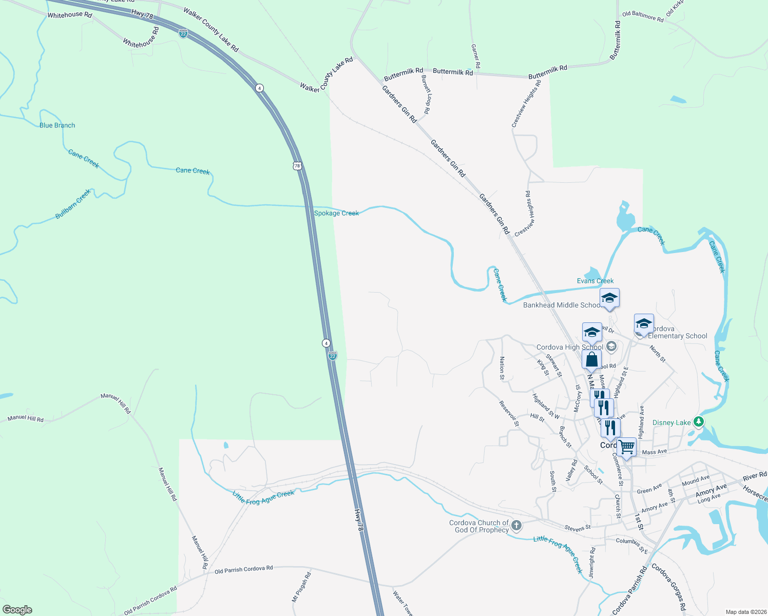 map of restaurants, bars, coffee shops, grocery stores, and more near 259 Hilltop Road in Cordova