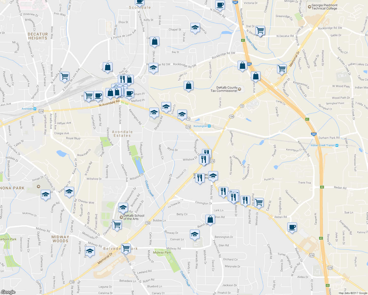 map of restaurants, bars, coffee shops, grocery stores, and more near 3262 Wynn Drive in Avondale Estates