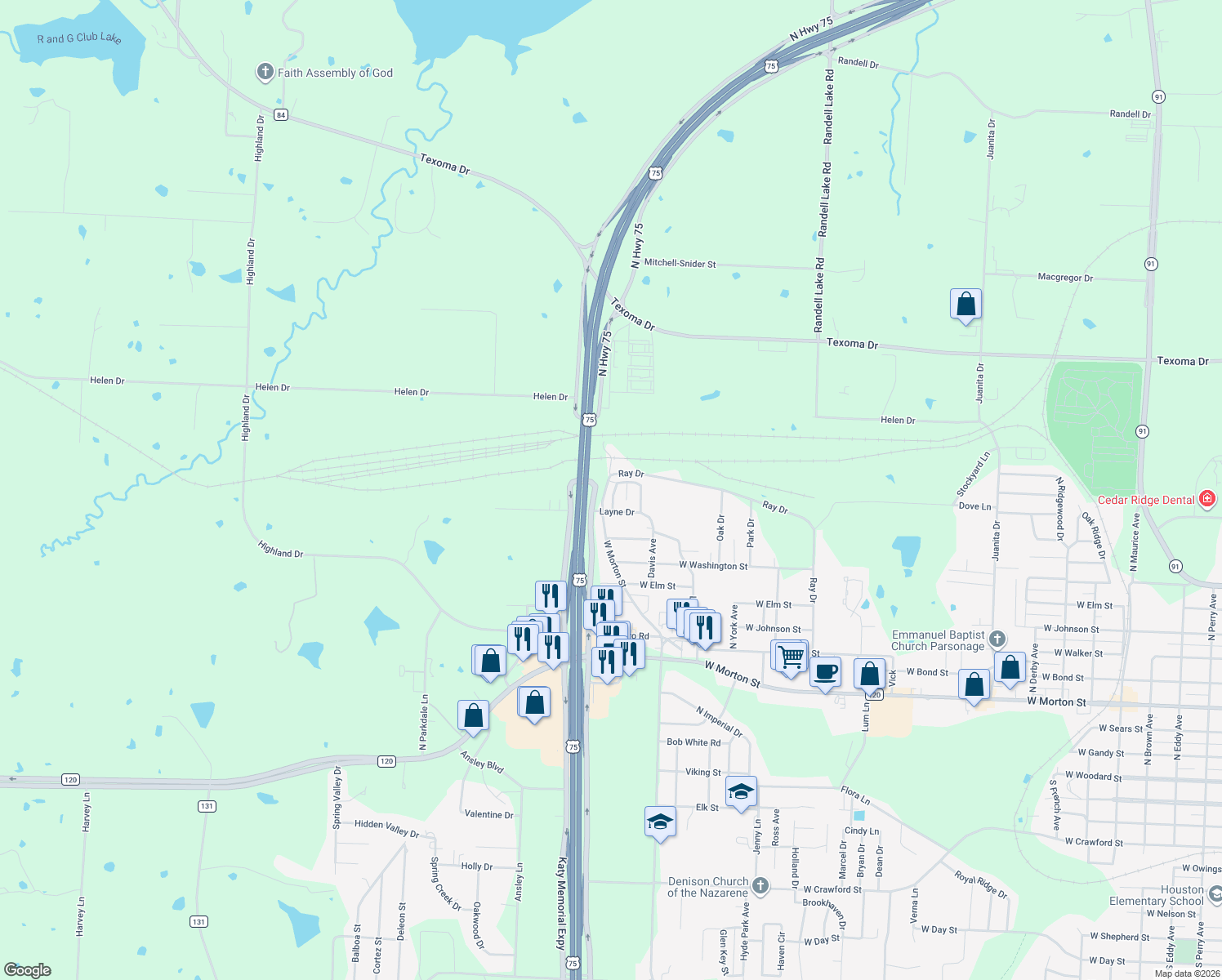 map of restaurants, bars, coffee shops, grocery stores, and more near 1232 Carla Drive in Denison