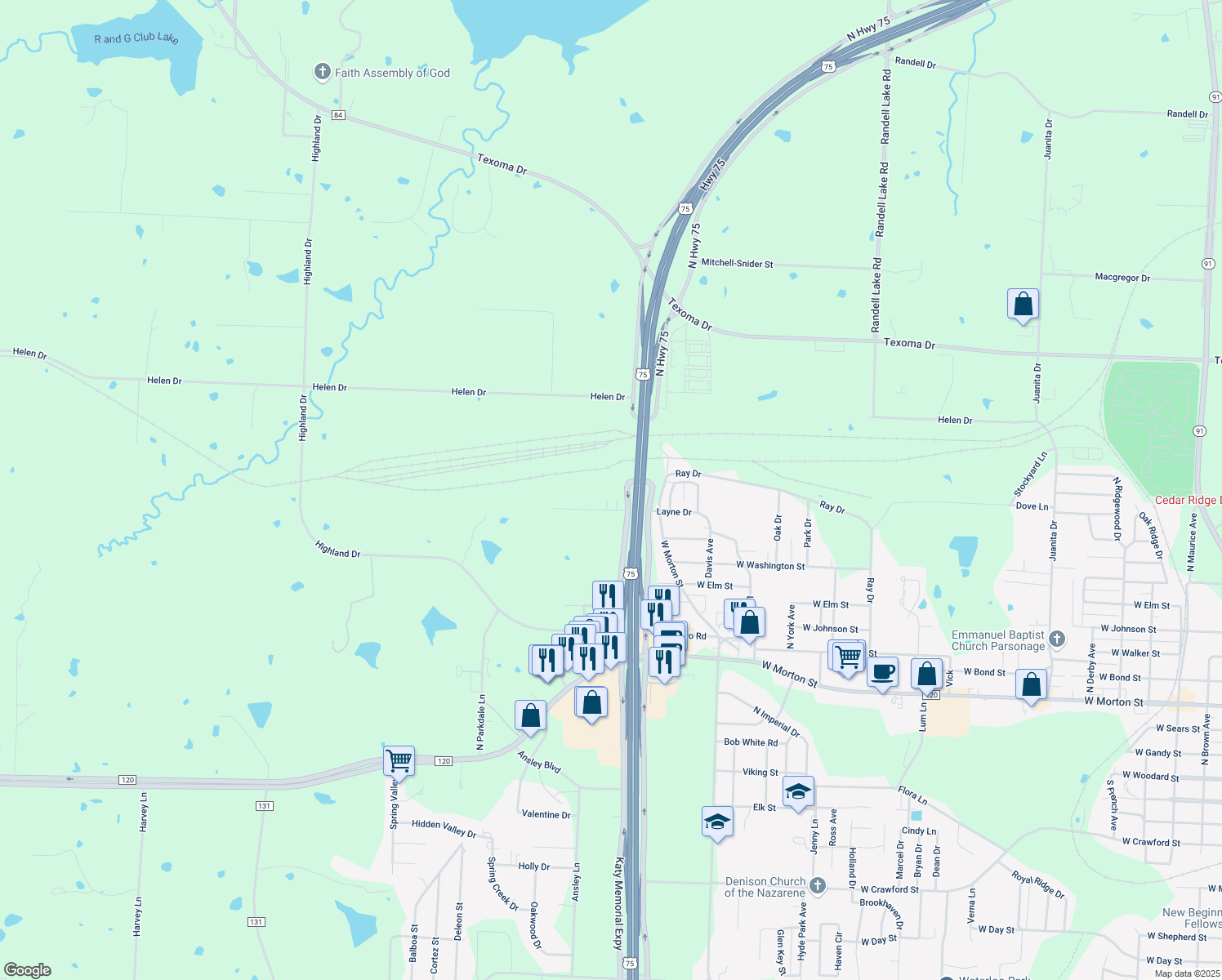 map of restaurants, bars, coffee shops, grocery stores, and more near 1211 Marlin Dr in Denison