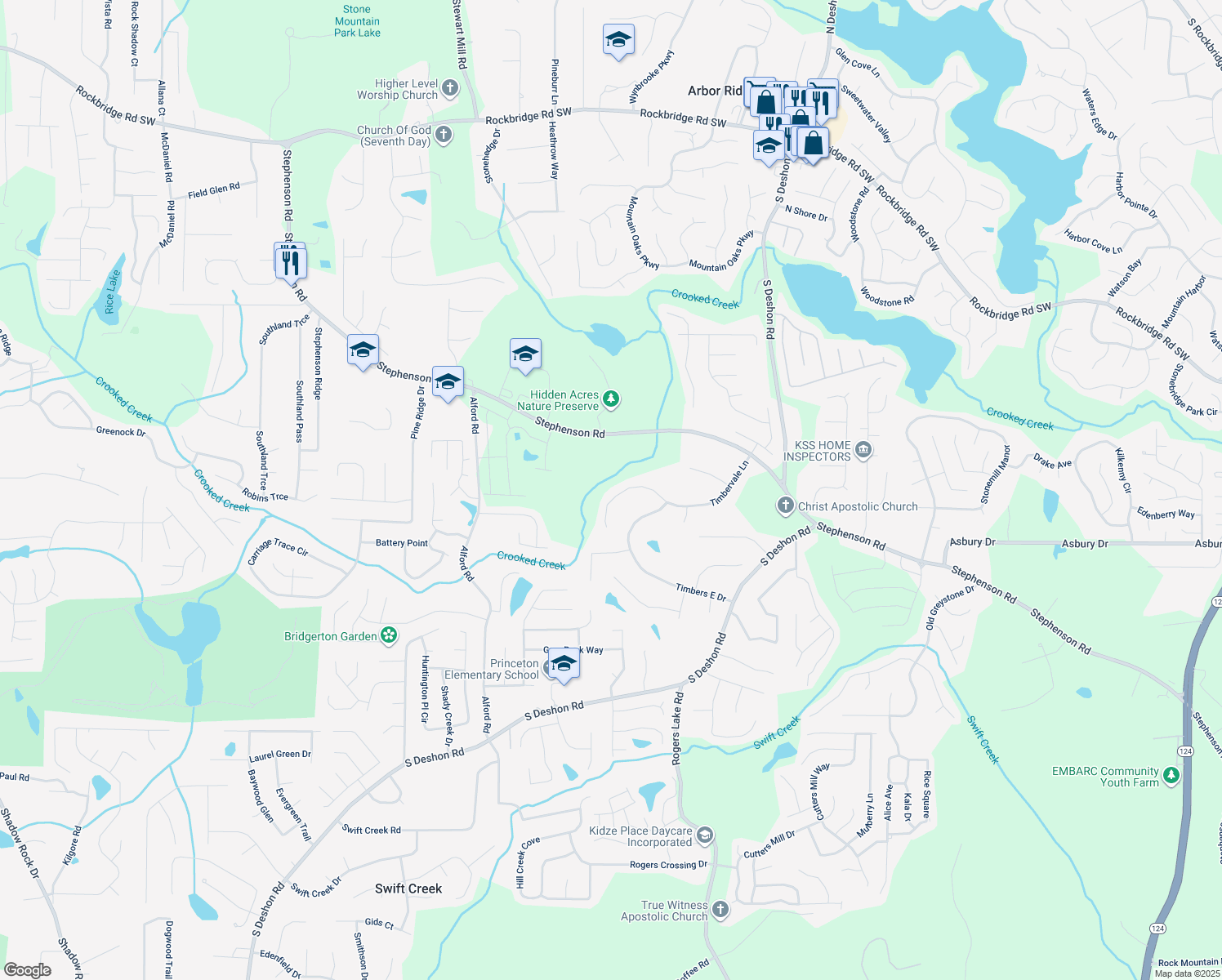 map of restaurants, bars, coffee shops, grocery stores, and more near 997 Timbervale Lane in Lithonia