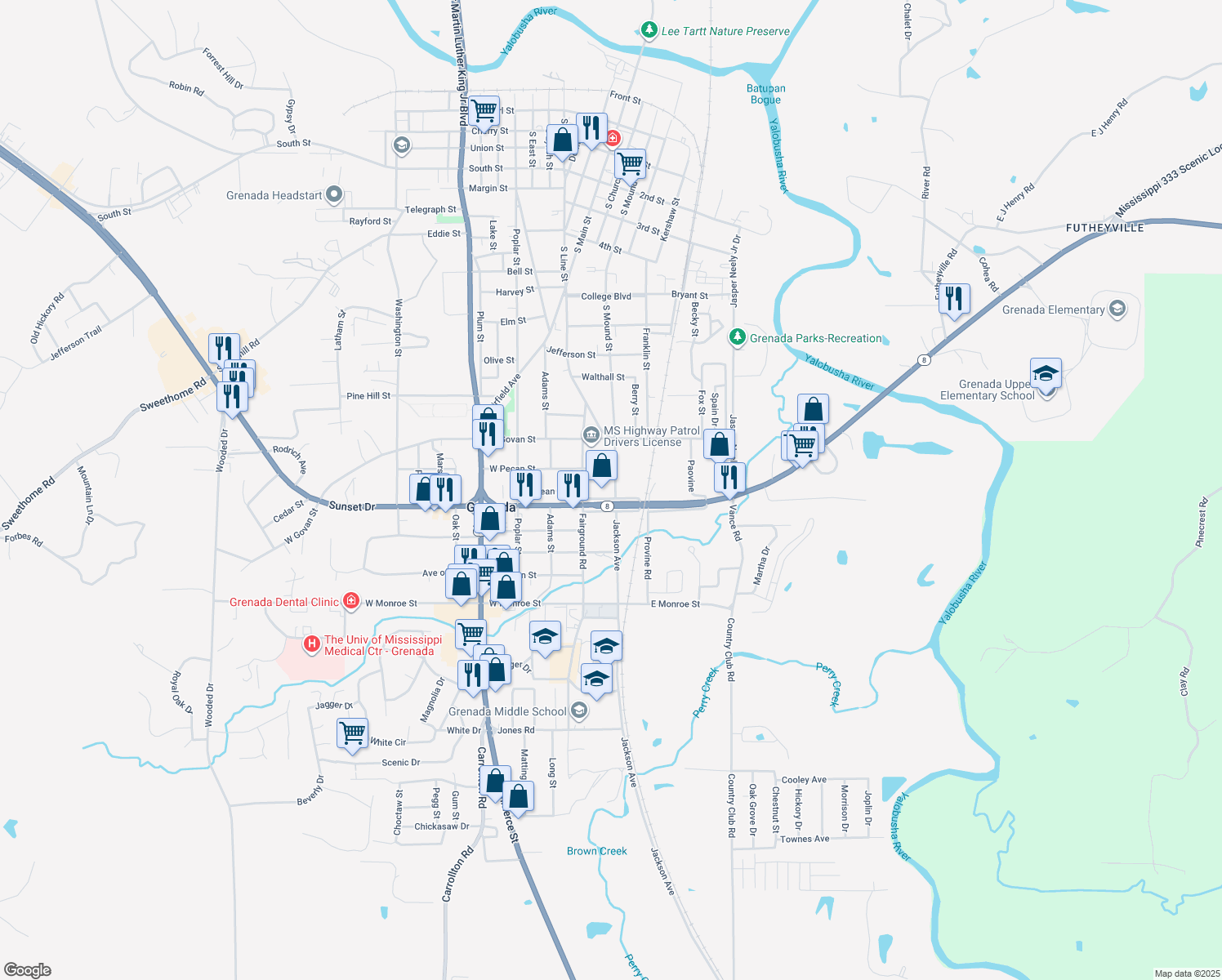 map of restaurants, bars, coffee shops, grocery stores, and more near 1399 South Mound Street in Grenada