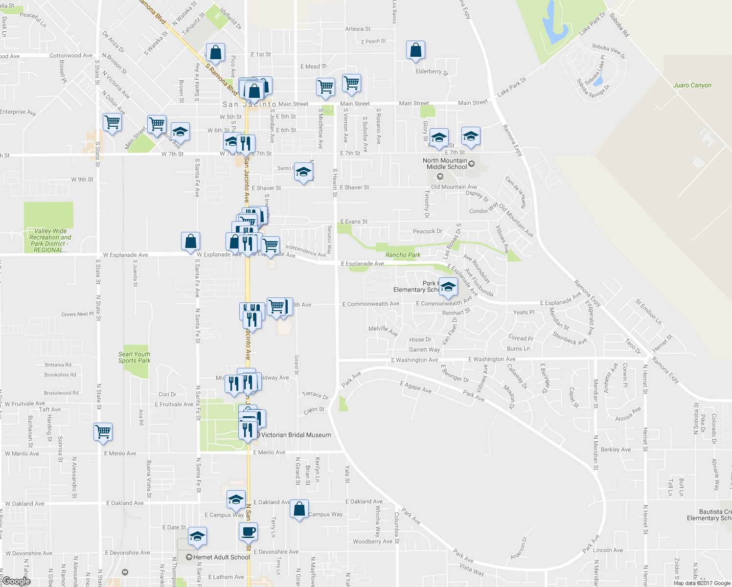 map of restaurants, bars, coffee shops, grocery stores, and more near 730 Zaphiro Ct in San Jacinto
