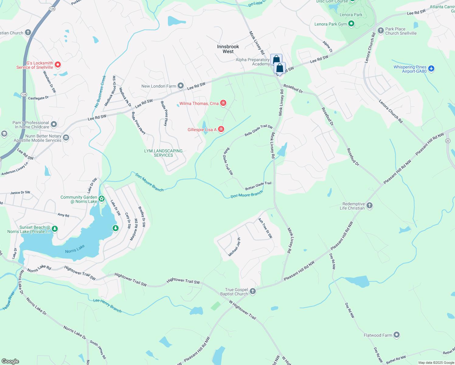 map of restaurants, bars, coffee shops, grocery stores, and more near 4000 Brittan Glade Trail in Snellville