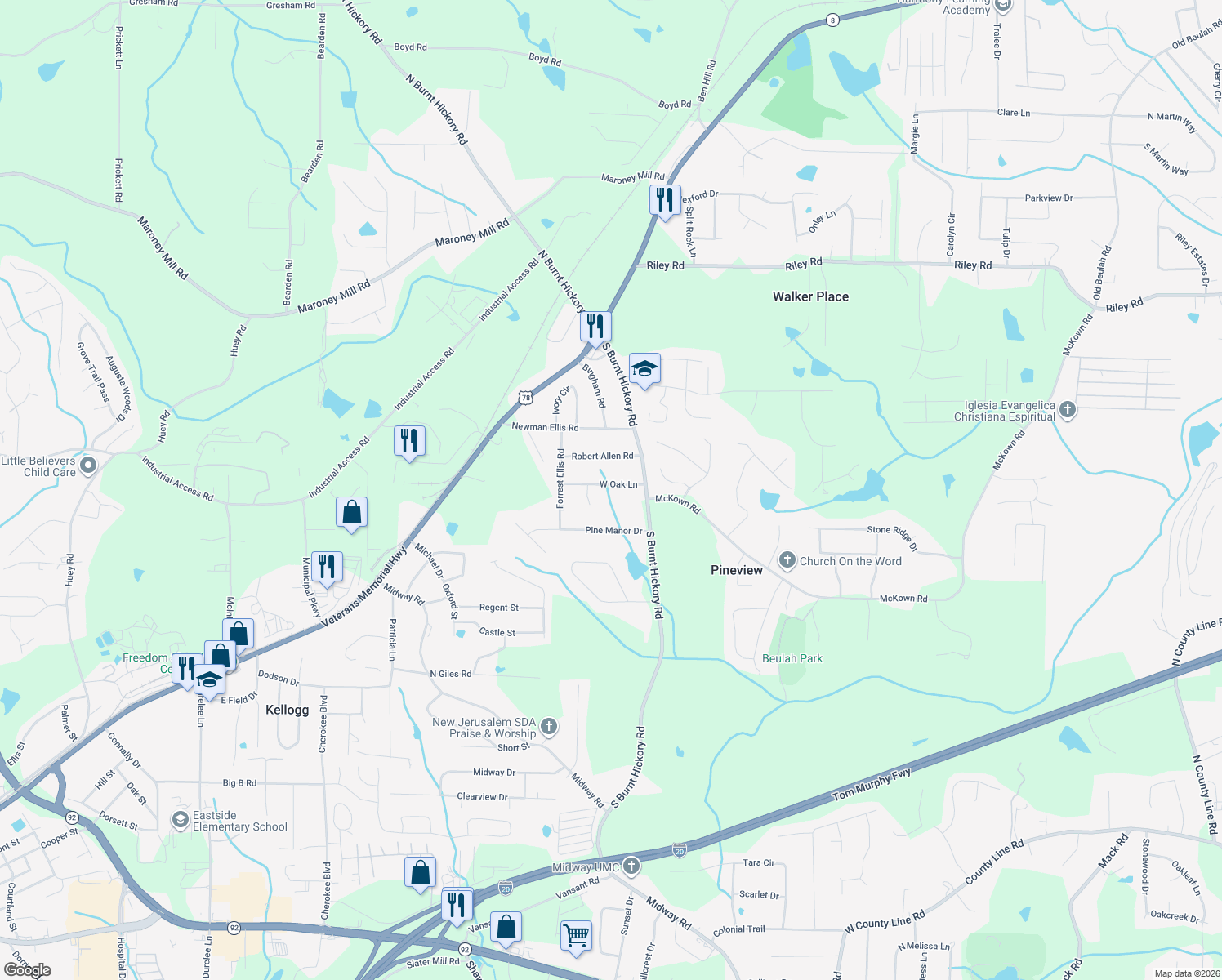 map of restaurants, bars, coffee shops, grocery stores, and more near 4073 West Oak Lane in Douglasville