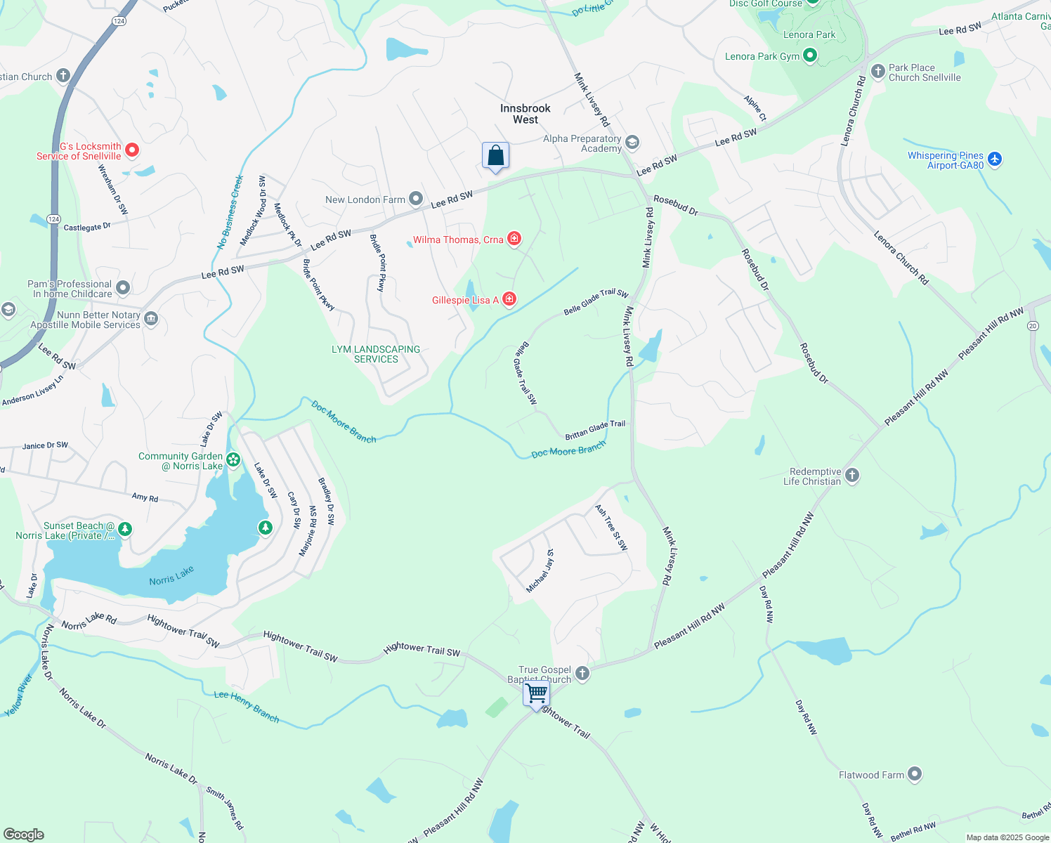 map of restaurants, bars, coffee shops, grocery stores, and more near 4000 Brittan Glade Trail in Snellville